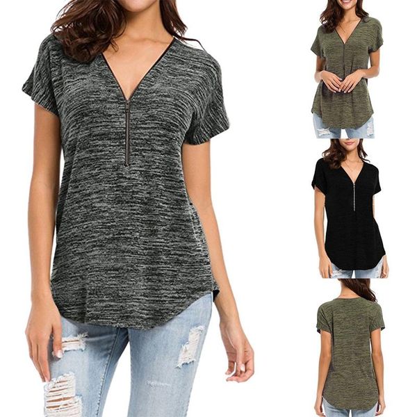 

women's t-shirt solid color zipper loose v-neck, White