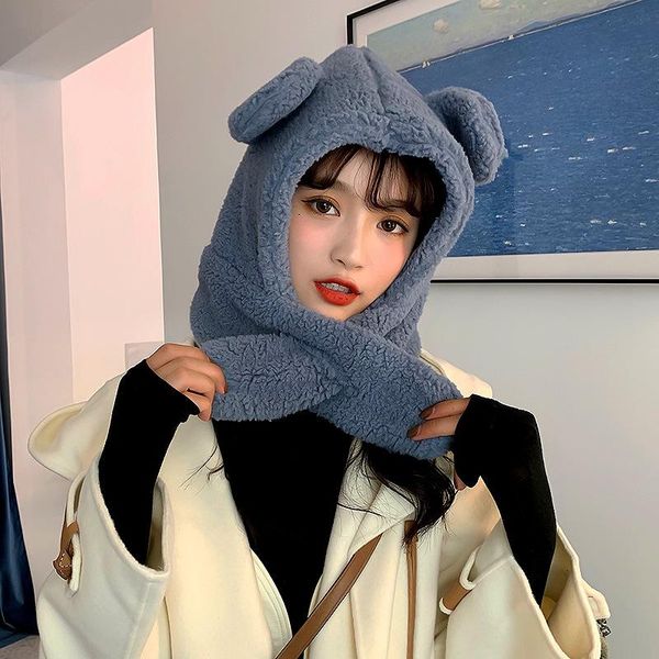 

hats, scarves & gloves sets bear cap with ears women's autumn and winter korean style fashionable plush scarf integrated cute warm ear, Blue;gray