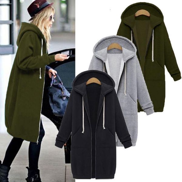 

once 2021 autumn casual women long hoodies sweatshirt coat zip up outerwears hooded jacket winter pockets plus size outwear, Black