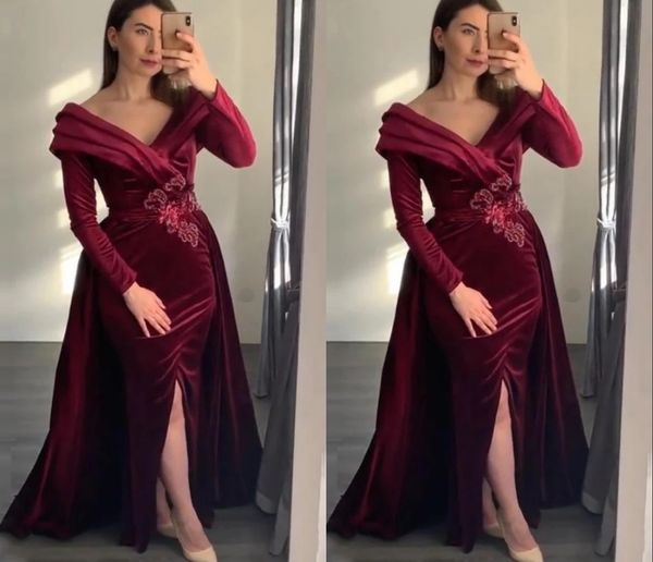 

vintage wine red v neck off the shoulder prom evening dresses velvet with train sheath long sleeves beaded sequins lace ruched party cocktai, Black
