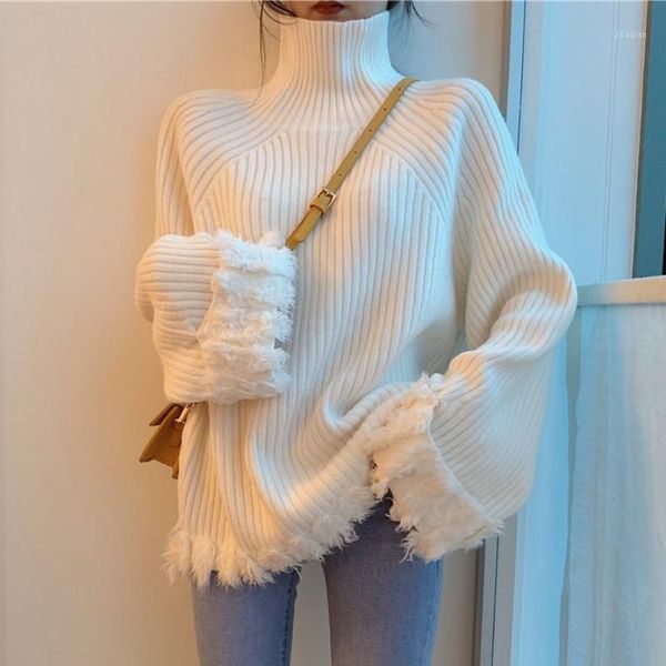 

knitted turtleneck sweater women winter warm pullover casual high street patchwork designer korean 2021 women's sweaters, White;black