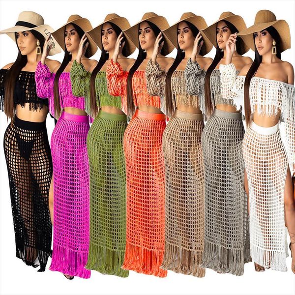 

crochet beach skirt women tracksuits sets slash neck long sleeve crop and split skirts tassel 2 piece summer, Gray