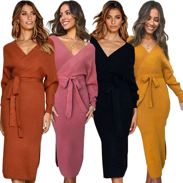 

5 colors elegant v neck long sleeve midi bandage knitted autumn dress winter women side split wrap hip party dress tunic vestido y0118, Black;gray