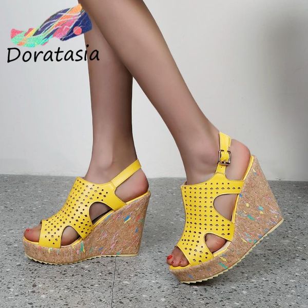 

sandals doratasia the big size 43 women slip on platform buckle open toe shoes high wedges casual summer, Black