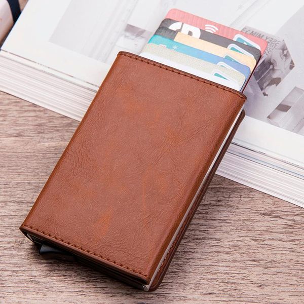 

card holders rfid holder men vintage women slim wallet cover leather coin purse case automatic metal cardholder, Brown;gray