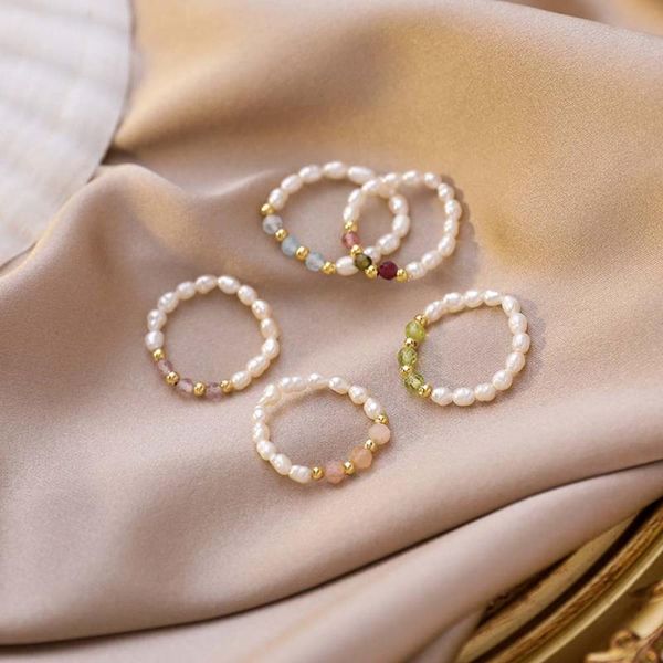 

wedding rings retro crystal multi-bead pearl ring natural geometric women simple wild accessories, Slivery;golden