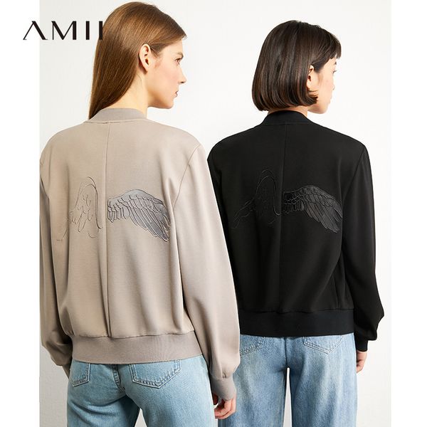 

amii minimalism autumn vintage embroidery women short jacket fashion full sleeve loose zipper female coat 12030358 201006, Black;brown