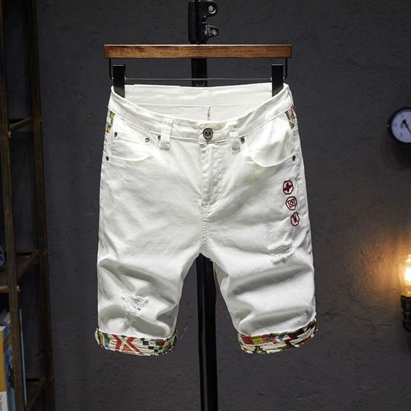 

slim cut jeans men's trendy breeches summer thin shorts embroidery stitching print 5-point pantswinter, Blue