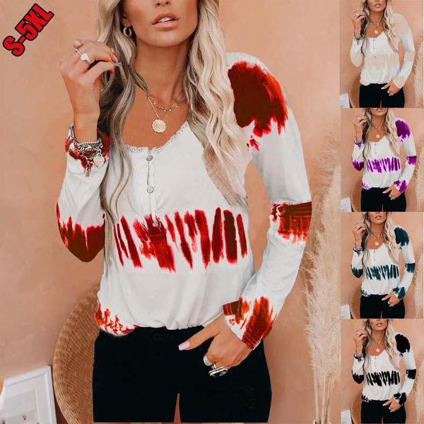 

women's t-shirt fall 2021 womens fashion button casual tie dye long sleeve t shirt aesthetic harajuku vintage basic tunics clothing 3xl, White