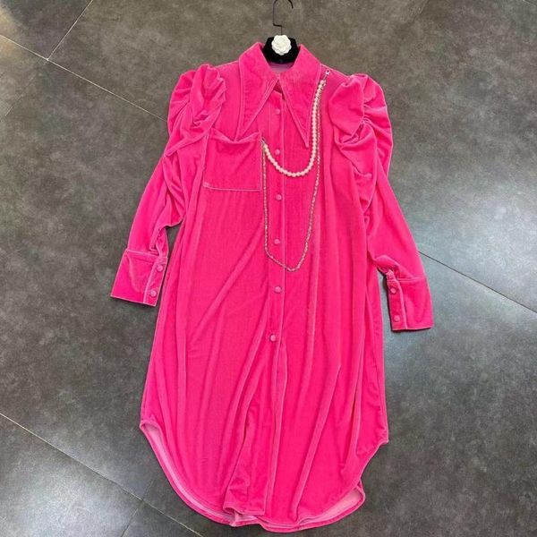 

casual dresses zcsmll 2021 winter lapel vestido women bubble shoulder long sleeve pocket chain pearl decoration velvet mid-length shirt dres, Black;gray