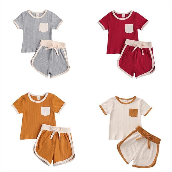

0 4years toddler newborn baby boy girl summer 2pcs clothing set short sleeve shirt with pocket shorts 4colors, White
