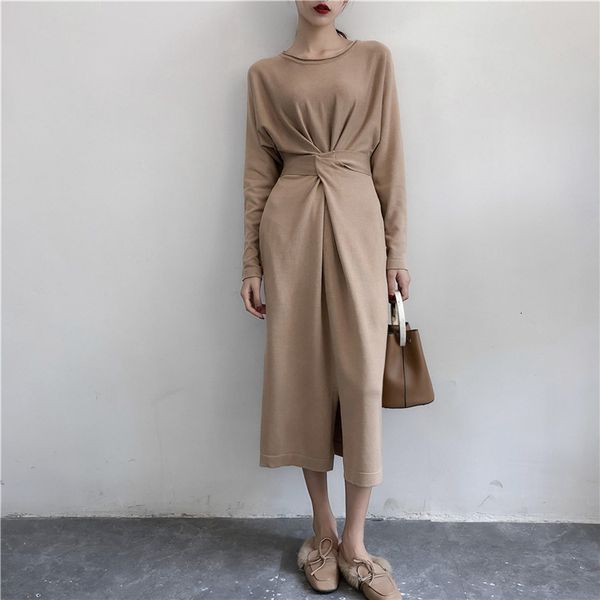 

2021 autumn and winter new solid retro lace up knitted slim o neck full slit es for women wqke, Black;gray