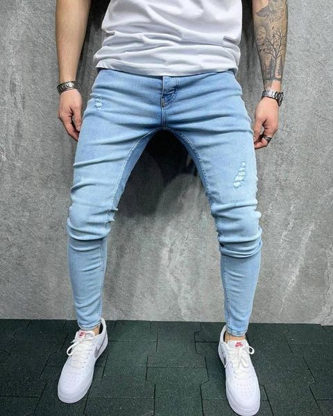 

men's jeans casual slim-fit feet pants holes trendy stretch slim fit light colored trousers, Blue