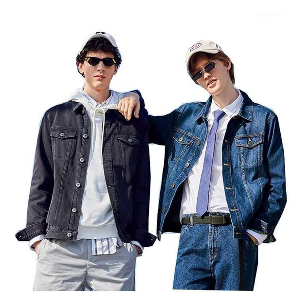 

fashion denim jacket japanese and korean men's casual lapel stand collar cotton coat dark blue down & parkas, Black