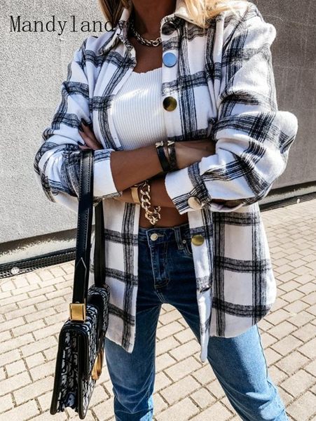 

women's jackets mandylandy autumn and winter long-sleeved loose plaid coat casual single-breasted vintage turn-down collar long, Black;brown