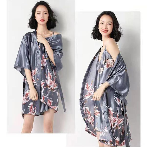 

2021 new summer women bathrobe soft cool ice slik fashion solid color print half sleeve medium length nightgown female sleepwear, Black;red
