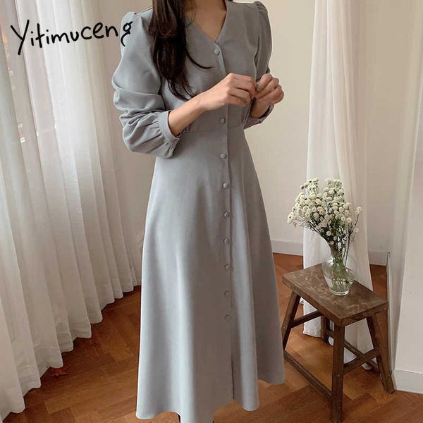 

yitimuceng long dresses for women button up korean fashion elegant midi dress office lady puff sleeve solid spring 210601, Black;gray