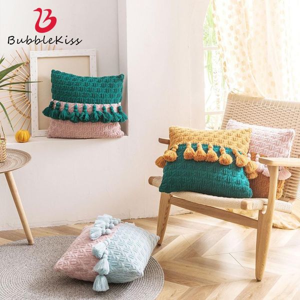 

cushion/decorative pillow bubble kiss 2021 nordic knitted tassel cover fashion two-colors stitching pattern throw case home sofa pillowcase