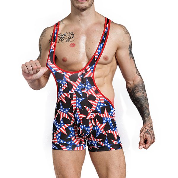 

men undershirt printing wrestling singlet boxer short jumpsuit suspender teddies underwear one-piece bodysuit boxers, White;black