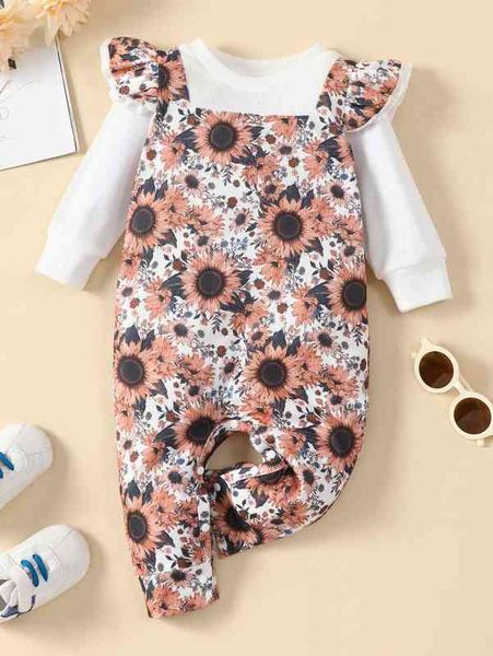 

baby ladybug & sunflower print ruffle trim jumpsuit she, Blue