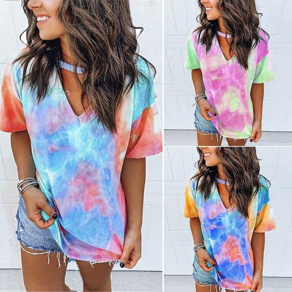 

women's t-shirt v neck tie dye print short sleeve, White