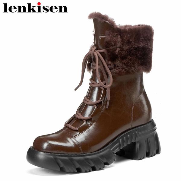 

boots lenkisen recommend western cow split leather winter sheep fur round toe thick high heel cross-tied vintage ankle l89, Black