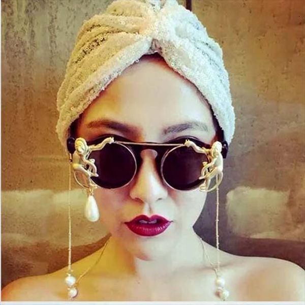 

lady metal gold monkey baroque sunglasses women brand leopard frame beach chain pearl sun glasses oculos de sol, White;black