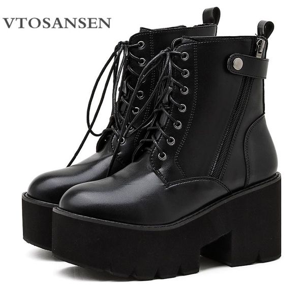 

boots lace up for women fashion cowboy platform wedge chunky heel shoes black punk style plus size