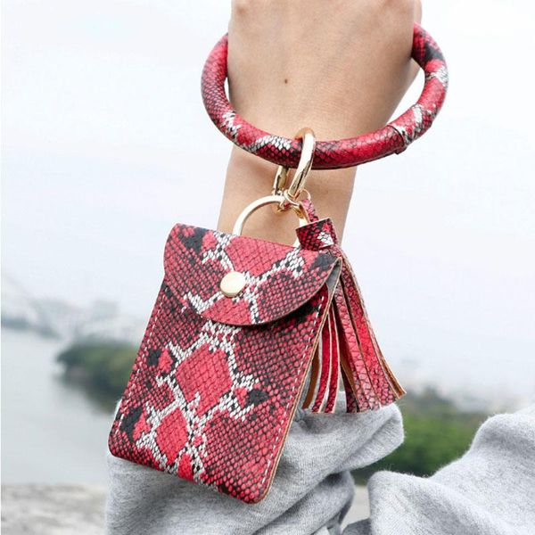 

card holders customized initials snake pattern pu leather keychain organizer holder bag wallet coin purse tassel bracelets keyring, Brown;gray