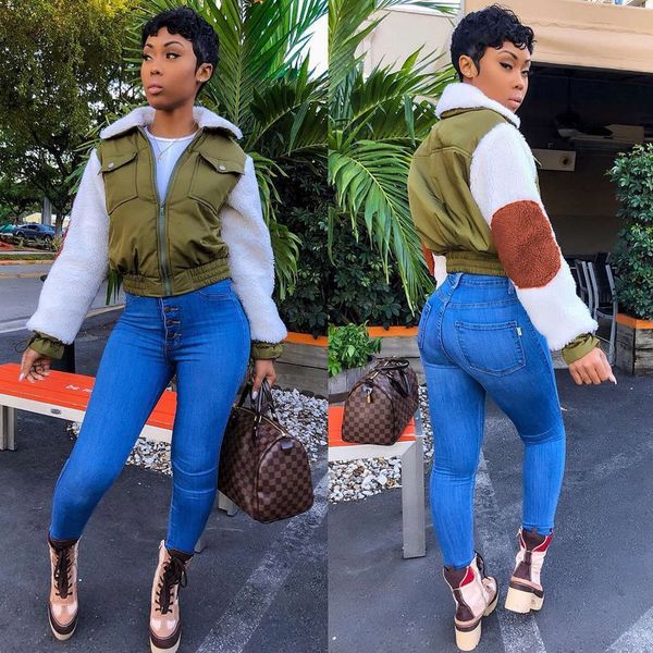 

women's personalized cashmere splicing, patch cotton jacket, Black;brown