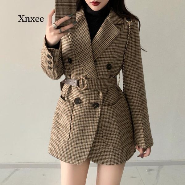 

women's wool & blends winter korean plaid women work blazer jacket casual double-breasted sashes suit female slim outwear, Black