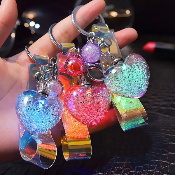 

keychains bling love heart keychain women girls beads dazzling rope key chain ring acrylic luminous pendant car handbag accessories, Silver