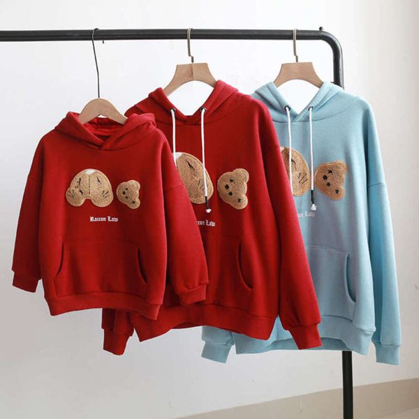 

2021 new fashion net red plush parent-child family of three winter wear broken head bear sweater daughter mother child drs, Blue
