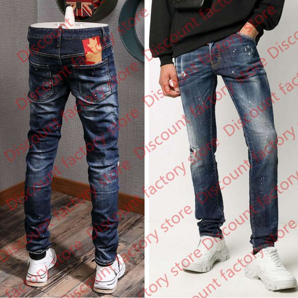 

men's damage jeans fashion maple leaf patch cowboy trousers destroyed stone washed skinny fitness jean pants, Blue