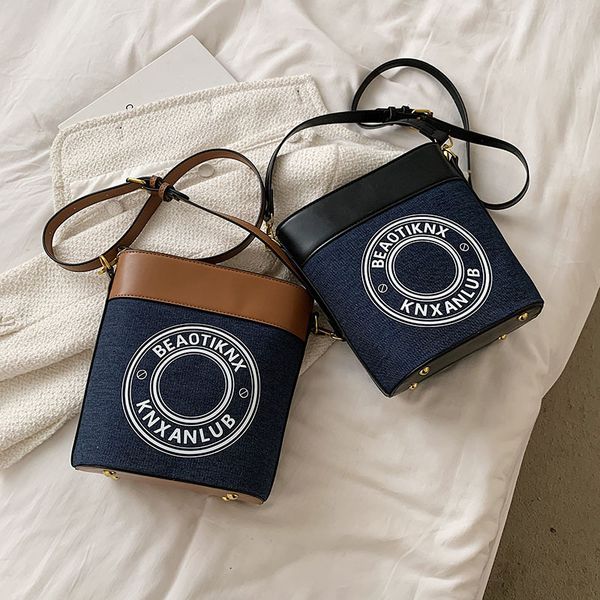 

70% factory store beibei shangpin 2021 trend denim letter bucket single shoulder oblique span bag
