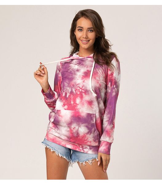 

women autumn fashion tie dye printed hooded loose tracksuit casual pullover long sleeve pocket sweatshirts stylish top, Red;black