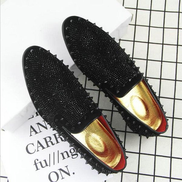 

dress shoes fashion men punk rivet rhinestone black party wedding pointed toe flats driving loafers le-20