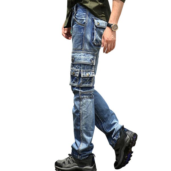 

blue cargo aboorun multi pockets long straight fit denim pants men's outdoor casual jeans nucx