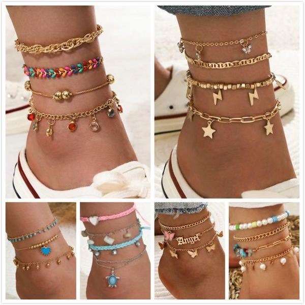

anklets 10sets/lot bohemia multilayer beads anklet set tortoise stone butterfly ankle for women summer beach foot jewelry chain, Red;blue