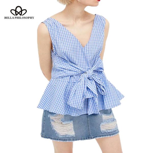 

women's blouses & shirts philosophy deep v neck sleeveless shirt women plaid lace up bow blue blouse 2021 casual and blusas, White