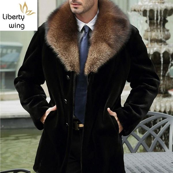 

men's fur & faux 2021 winter raccoon collar fashion mens overcoat casual business man coat warm outwear casaco masculino size s-6xl, Black