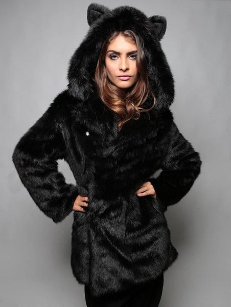 

2021women's fox rabbit hooded imitation fur cute open plush coat, Black