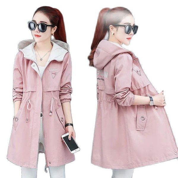 

women's trench coats 2021spring autumn jacket women mid-long ladies windbreakers coat thin outerwear ms casual hooded zipper female, Tan;black