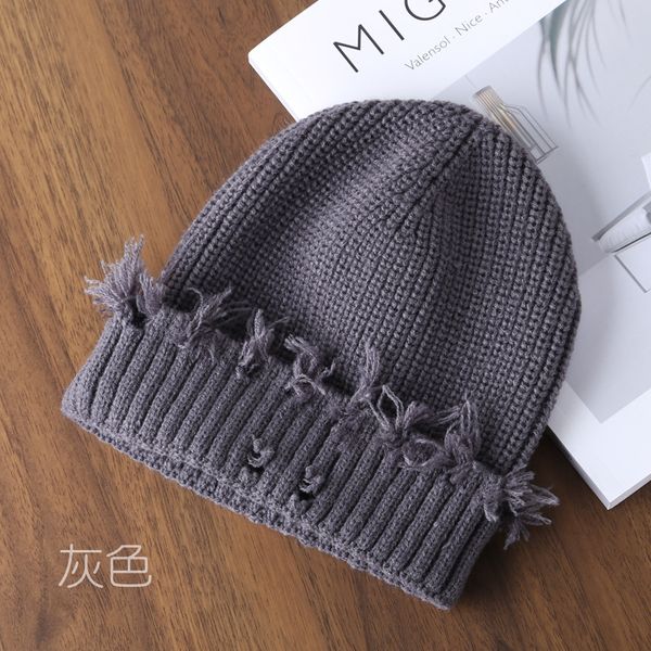 

korean japanese style trendy men ripped special curled brim knitted hat fashion street female warm student couple woolen no. 5, Blue;gray