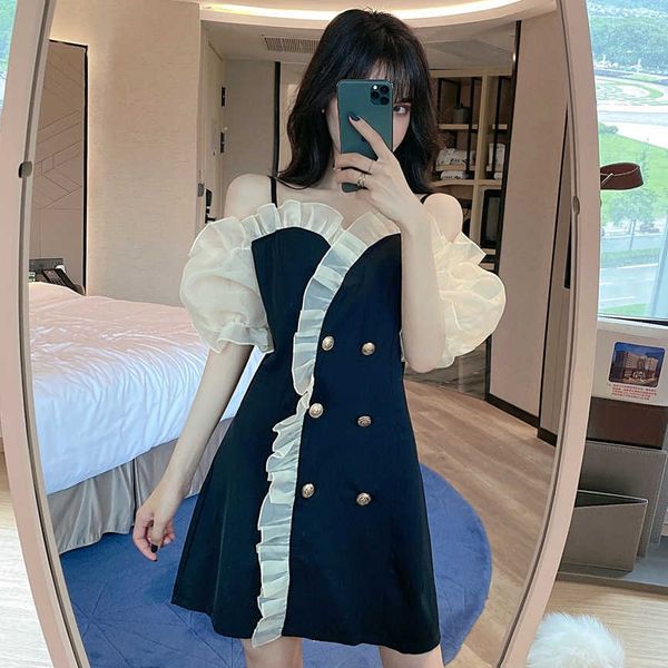 

elegant korean mini dres sweet ruffles slim design party office lady puff sleeve summer casual 210604, Black;gray