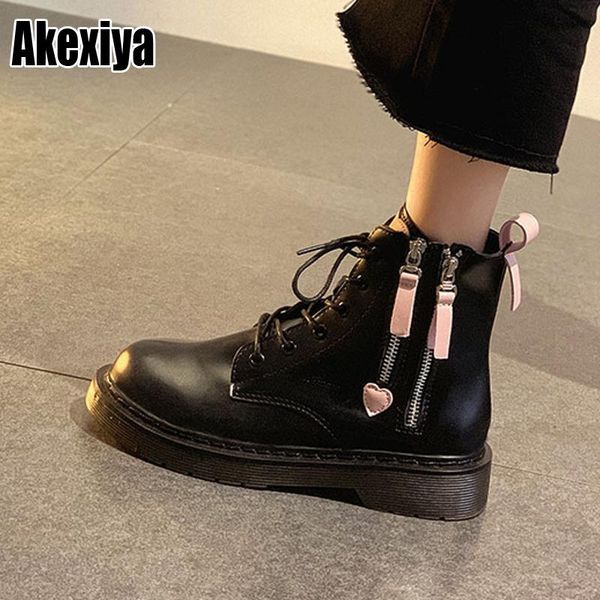 

boots 2021 thick soled mid shoes lace up short for winter autumn retro comfy pu leather bc2157, Black