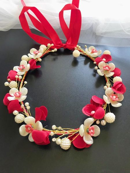Headpieces vermelho nupcial acessórios de cabelo de casamento pérola flor menina fita fita headpiece jóias