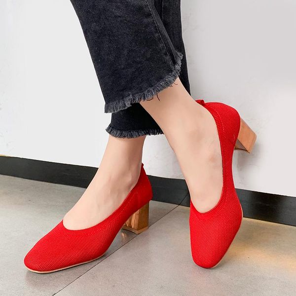 

dress shoes 2021 high heel breathable knitted square head single online celebrity women's chunky-heel every evening, Black