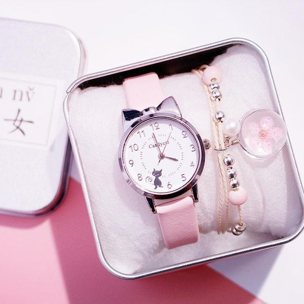 

wristwatches casual women watches cute cat ear lady bracelet watch fashion leather band quartz wristwatch clock montre femme relogio feminin, Slivery;brown