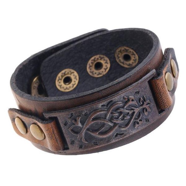 

charm bracelets vintage retro fashion alloy wide genuine leather bracelet cuff buckle brown bangle wristbands women biker men jewelry gift, Golden;silver